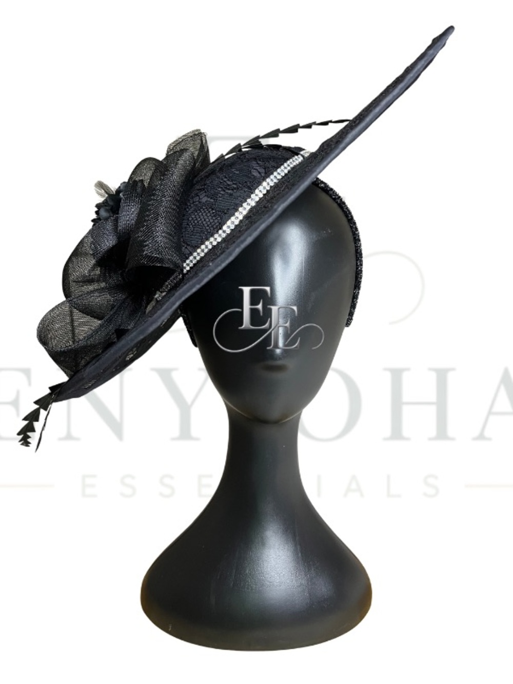 Black Wide-Brim Lace Fascinator with Rhinestone Trim